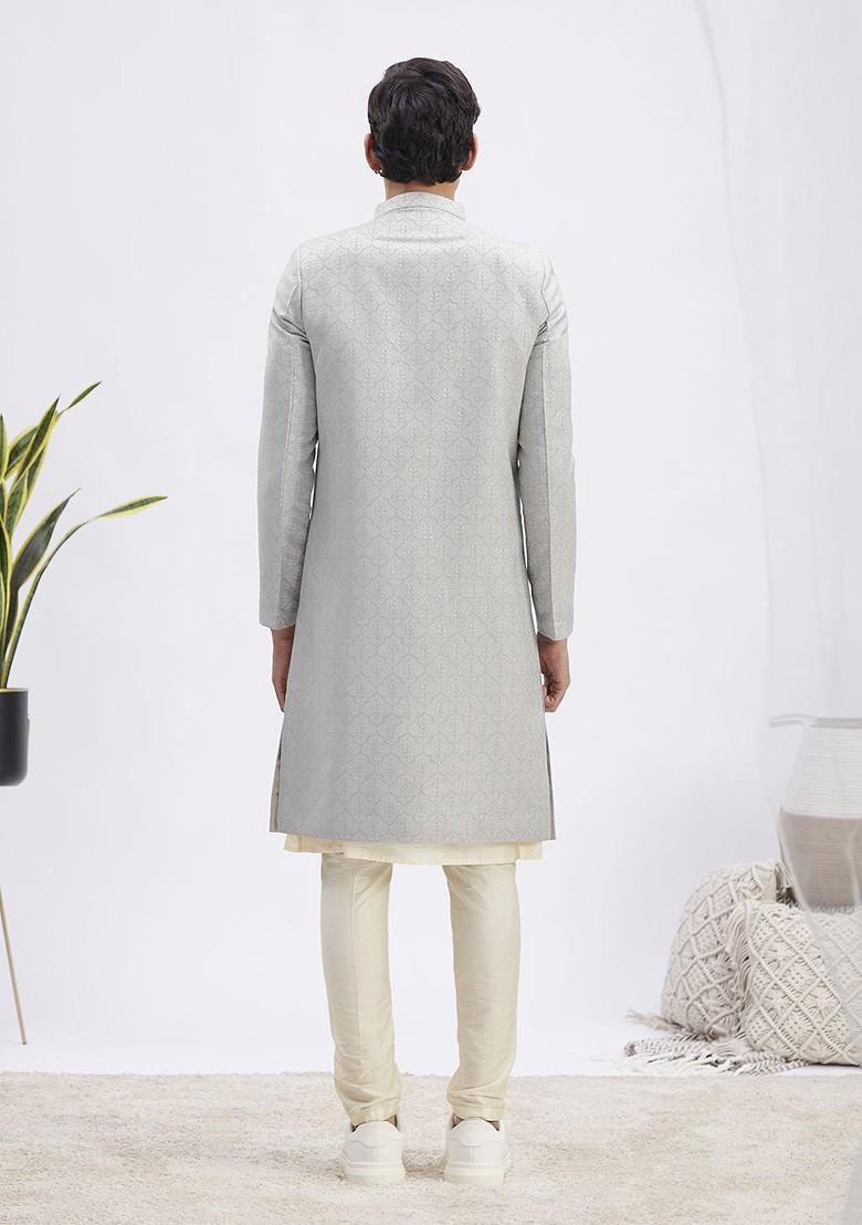 Grey Embroidered Poly Blend Indowestern Sherwani Set For Men