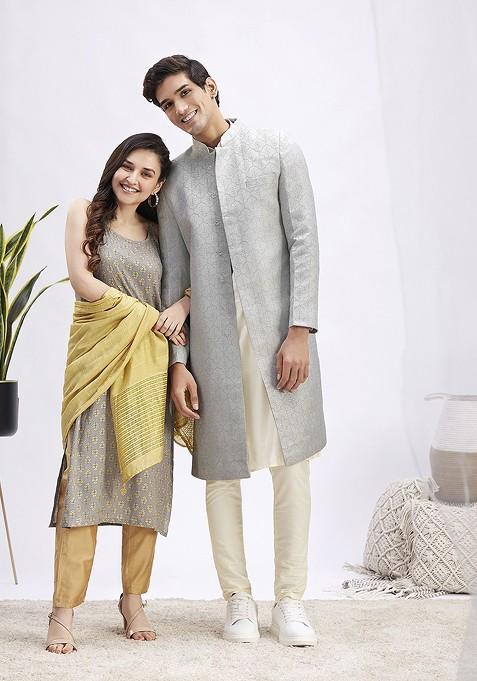 Grey Embroidered Poly Blend Indowestern Sherwani Set For Men — view on Indya