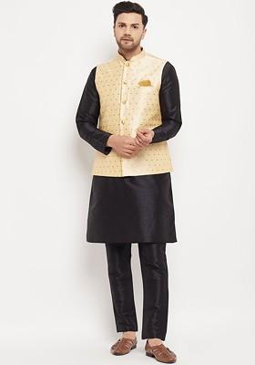 Black Solid Poly Blend Kurta Set For Men