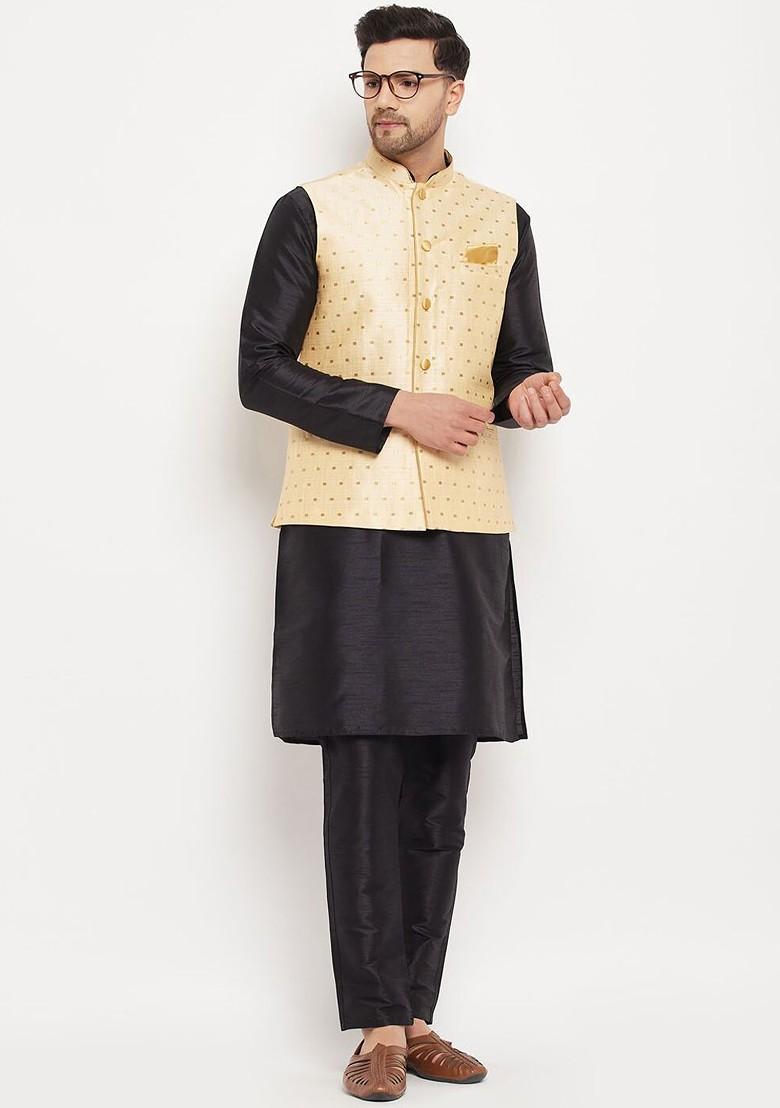 Black Solid Poly Blend Kurta Set For Men