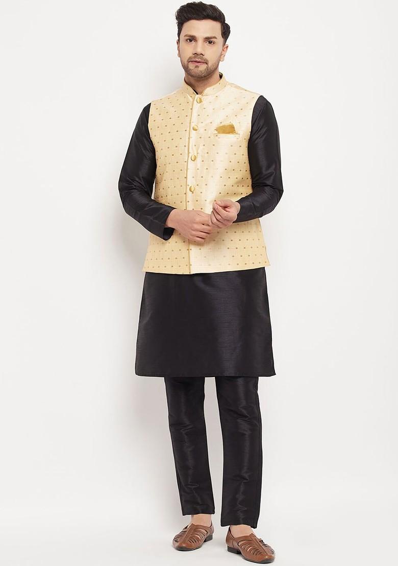 Black Solid Poly Blend Kurta Set For Men