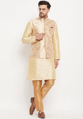 Gold Ethnic Motifs Poly Blend Kurta Set For Men