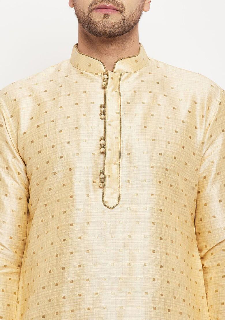 Gold Ethnic Motifs Poly Blend Kurta Set For Men