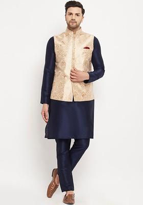 Navy Blue Solid Poly Blend Kurta Set For Men