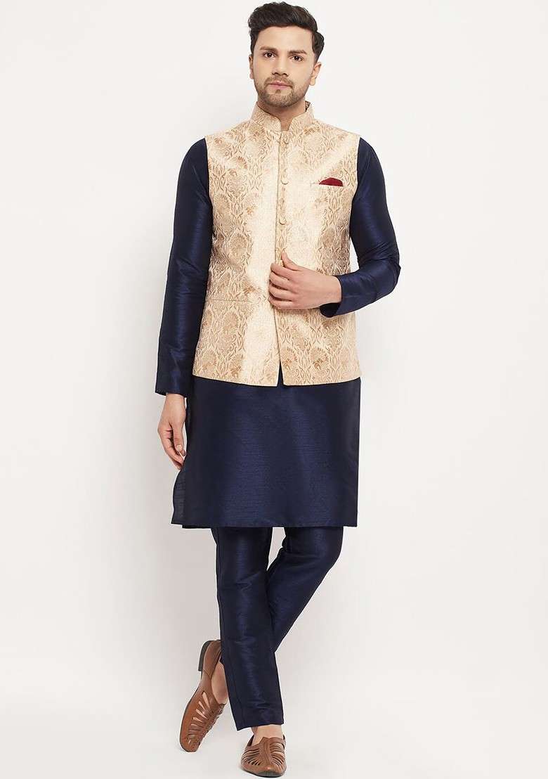 Navy Blue Solid Poly Blend Kurta Set For Men - Indya