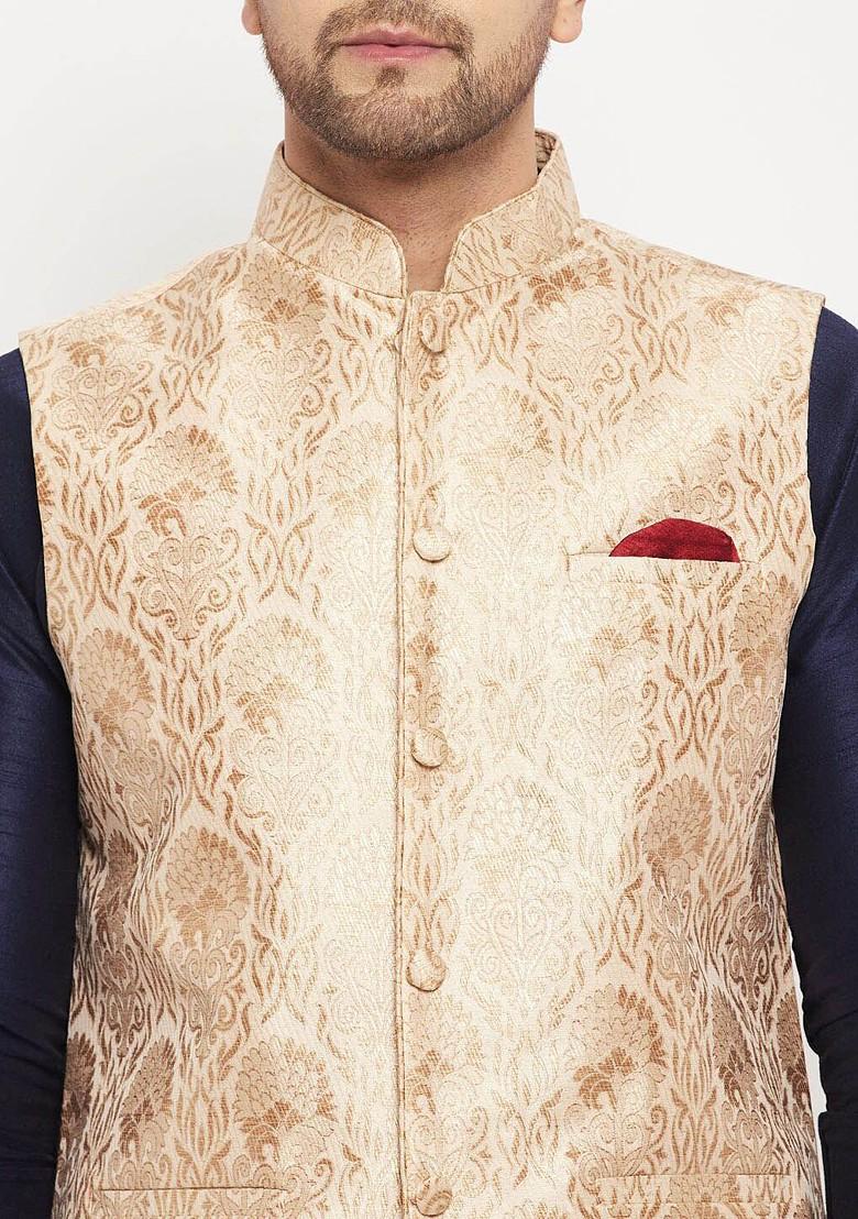 Navy Blue Solid Poly Blend Kurta Set For Men