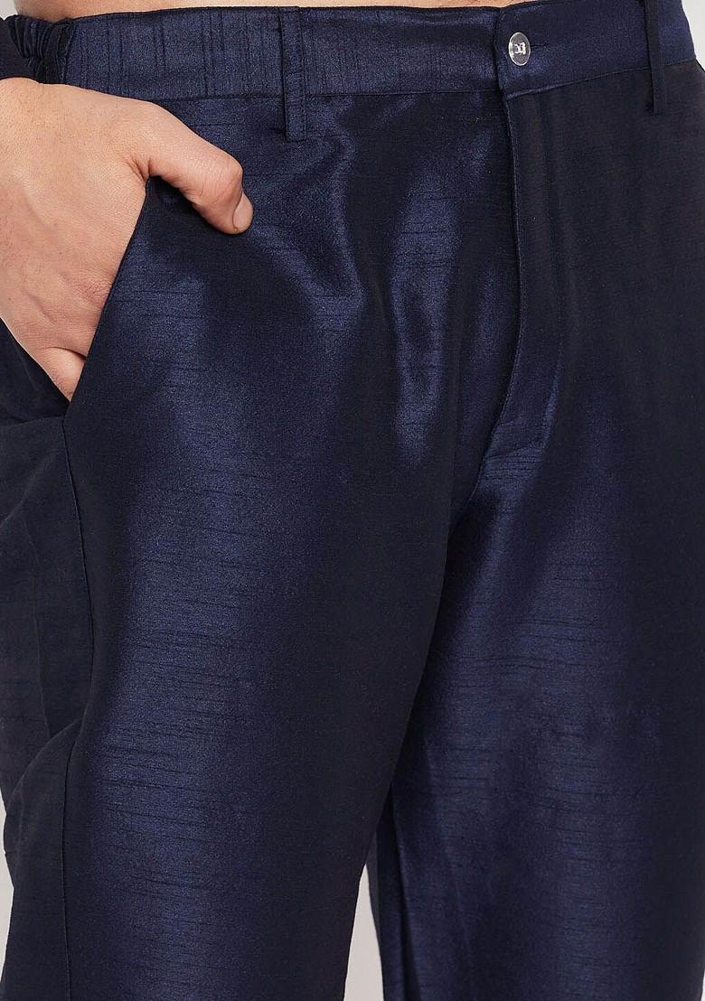 Navy Blue Solid Poly Blend Kurta Set For Men