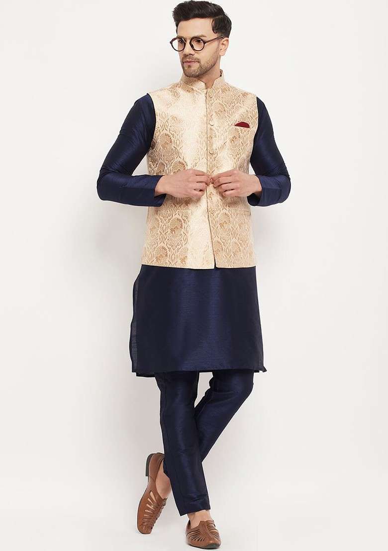 Navy Blue Solid Poly Blend Kurta Set For Men - Indya