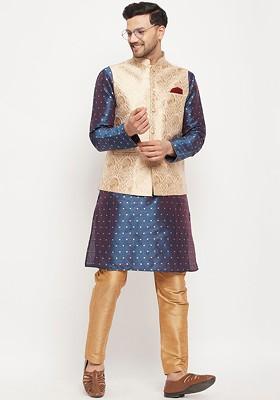 Navy Blue Solid Poly Blend Kurta Set For Men