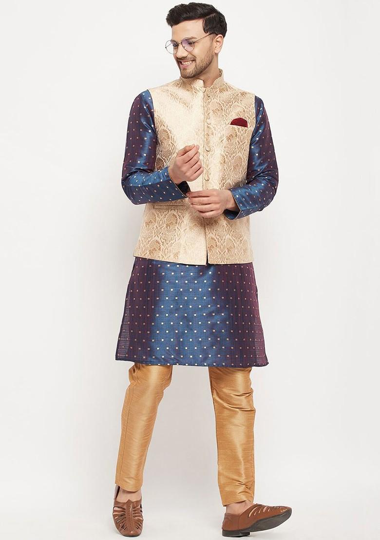 Navy Blue Solid Poly Blend Kurta Set For Men