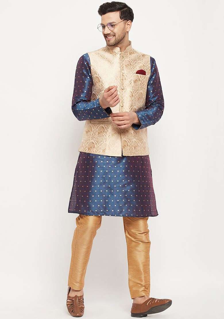 Navy Blue Solid Poly Blend Kurta Set For Men - Indya