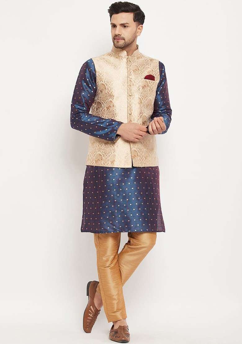 Navy Blue Solid Poly Blend Kurta Set For Men - Indya