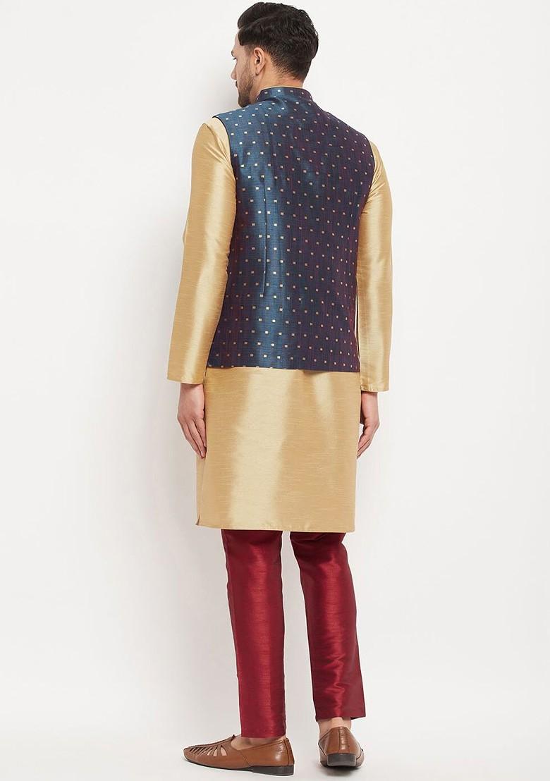 Gold Solid Poly Blend Kurta Set For Men