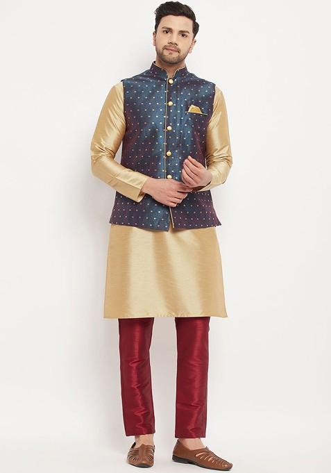 Gold Solid Poly Blend Kurta Set For Men