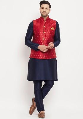 Navy Blue Solid Poly Blend Kurta Set For Men