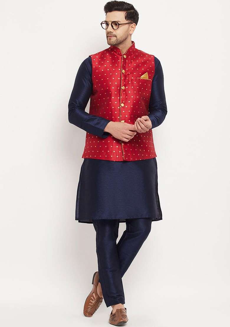 Navy Blue Solid Poly Blend Kurta Set For Men - Indya