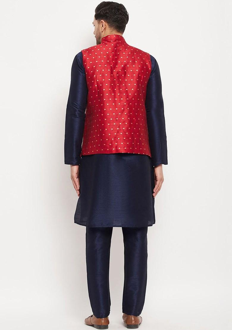Navy Blue Solid Poly Blend Kurta Set For Men