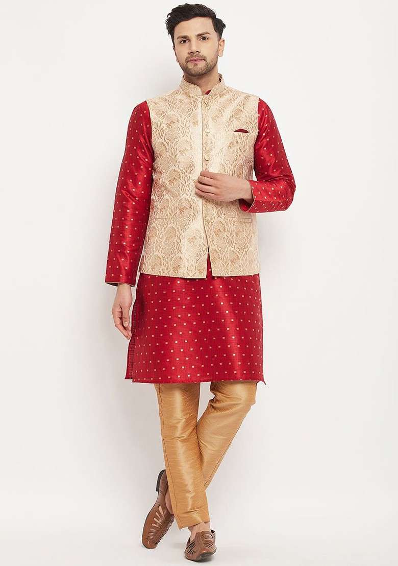 Maroon Woven Poly Blend Kurta Set For Men - Indya