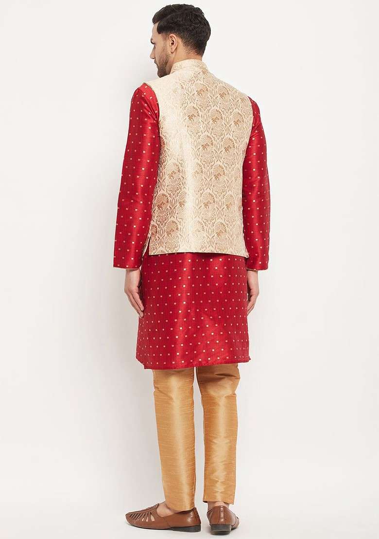 Maroon Woven Poly Blend Kurta Set For Men - Indya