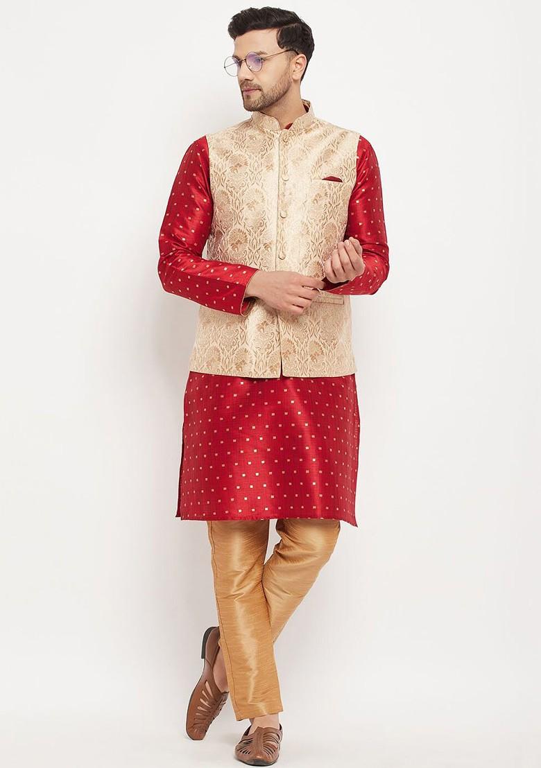 Maroon Woven Poly Blend Kurta Set For Men