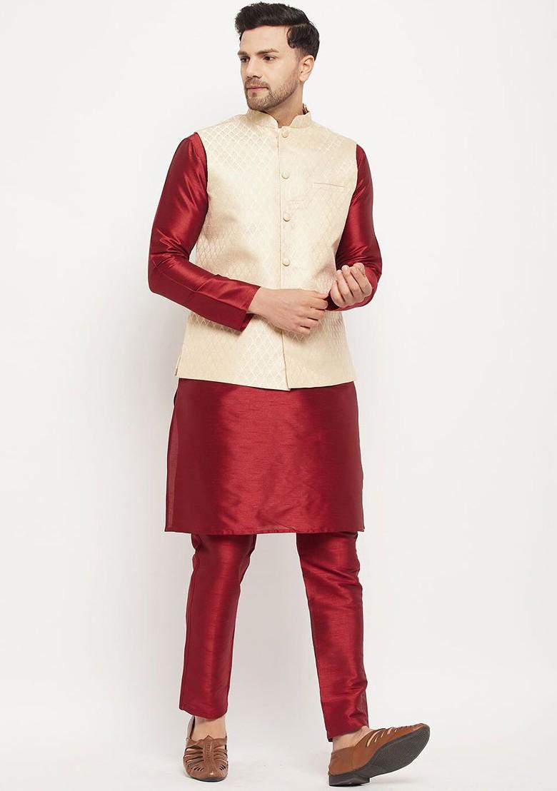 Maroon Woven Poly Blend Kurta Set For Men