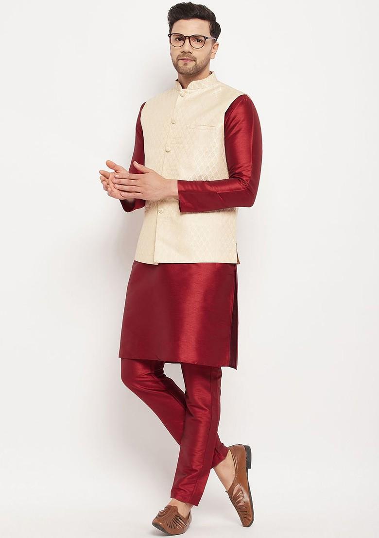 Maroon Woven Poly Blend Kurta Set For Men