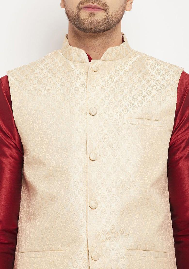 Maroon Woven Poly Blend Kurta Set For Men