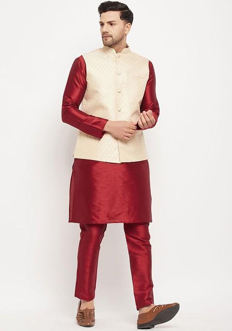 Maroon Woven Poly Blend Kurta Set For Men