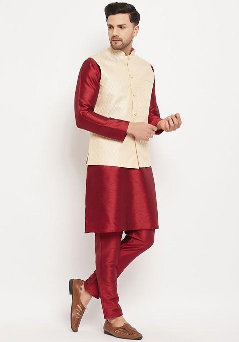 Maroon Woven Poly Blend Kurta Set For Men