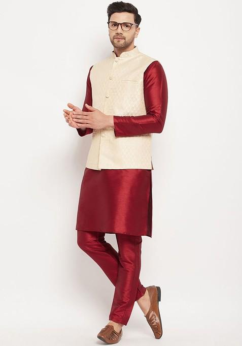 Maroon Woven Poly Blend Kurta Set For Men