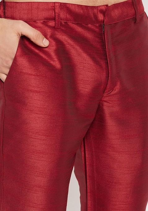Maroon Woven Poly Blend Kurta Set For Men