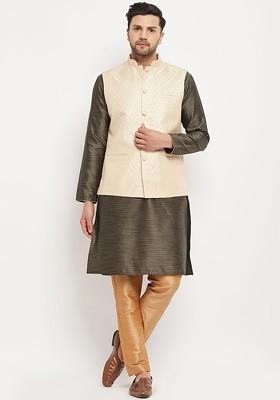 Black Woven Poly Blend Kurta Set For Men