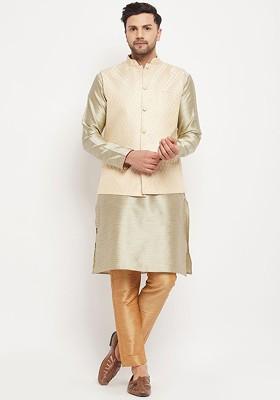 Beige Solid Jacquard Kurta Set For Men
