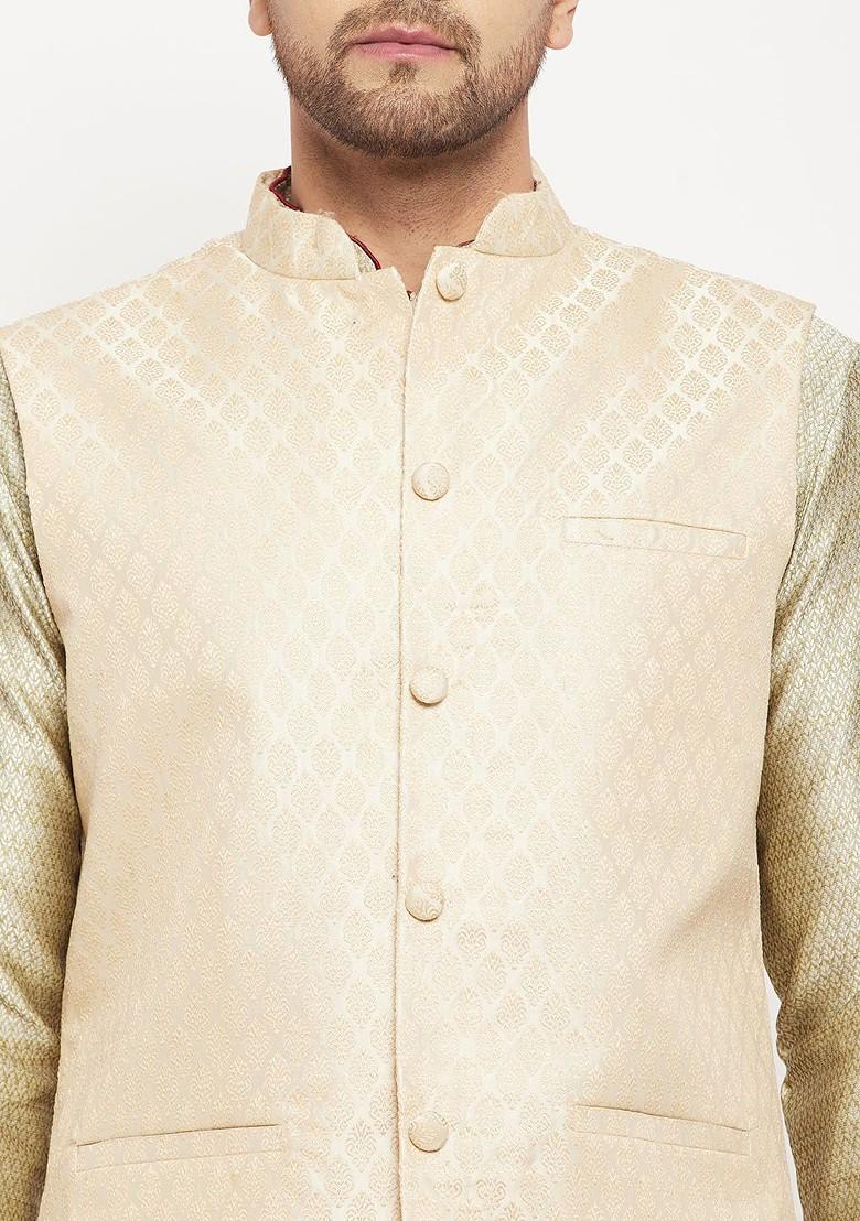 Beige Solid Jacquard Kurta Set For Men