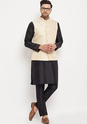 Black Woven Poly Blend Kurta Set For Men