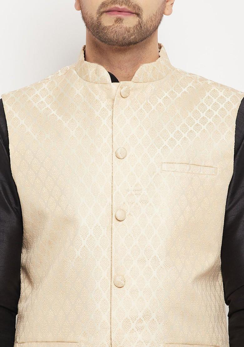 Black Woven Poly Blend Kurta Set For Men