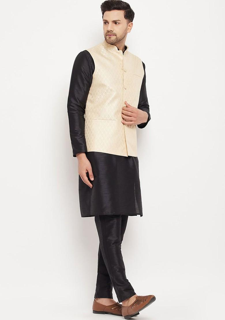 Black Woven Poly Blend Kurta Set For Men