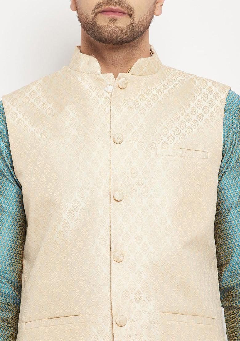 Blue Ethnic Motifs Poly Blend Kurta Set For Men