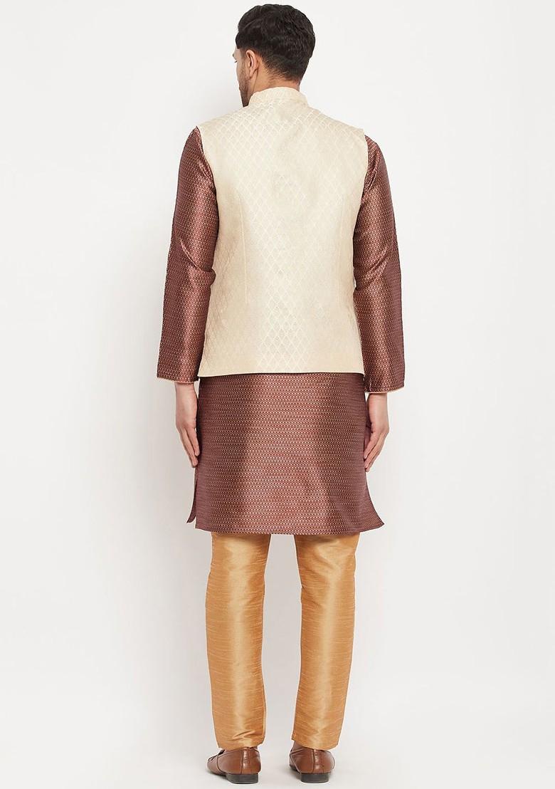 Maroon Ethnic Motifs Jacquard Kurta Set For Men