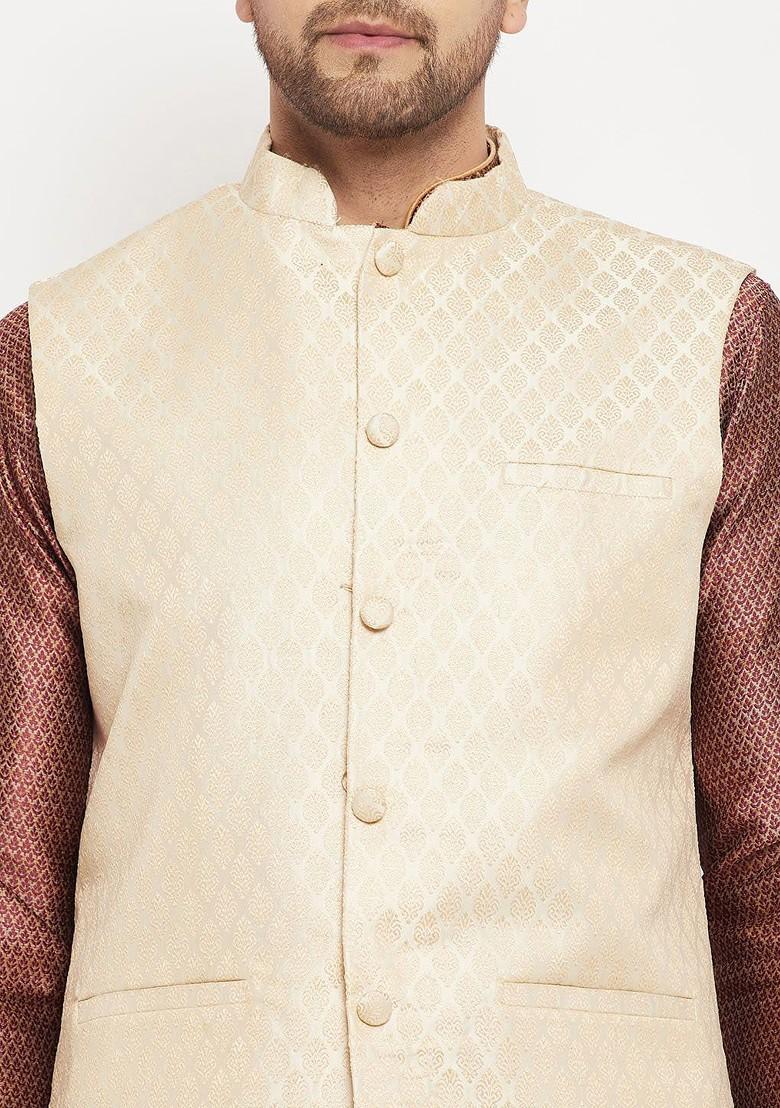 Maroon Ethnic Motifs Jacquard Kurta Set For Men