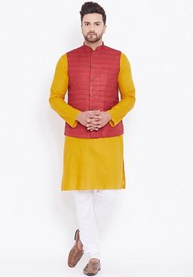 Mustard Solid Poly Blend Kurta Set For Men