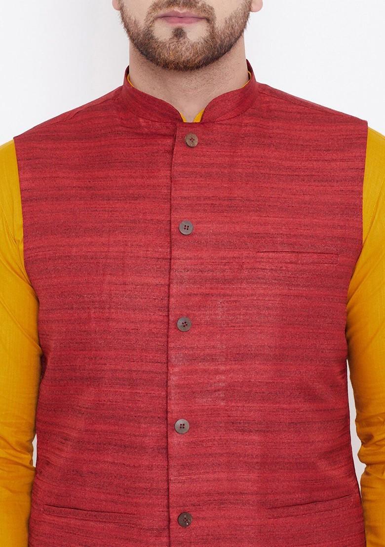 Mustard Solid Poly Blend Kurta Set For Men