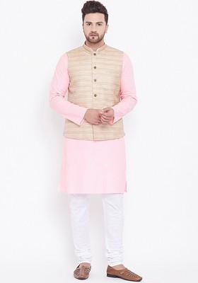 Pink Woven Poly Blend Kurta Set For Men