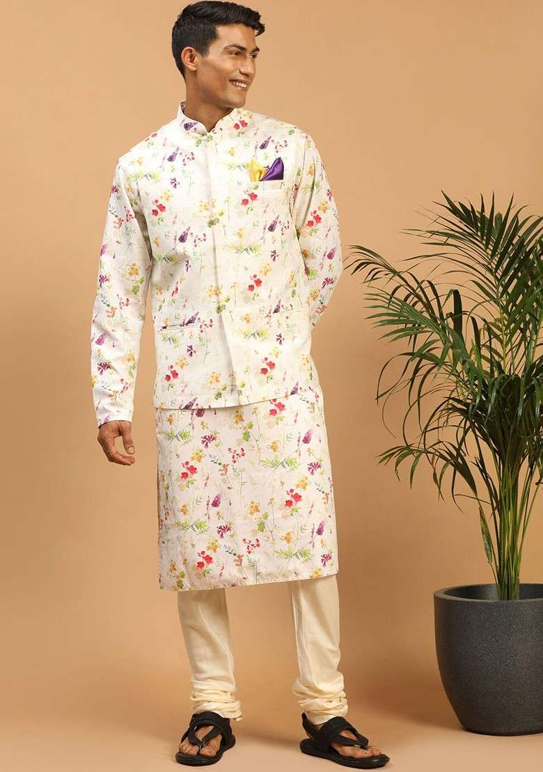 Cream Floral Print Poly Blend Kurta Set For Men - Indya