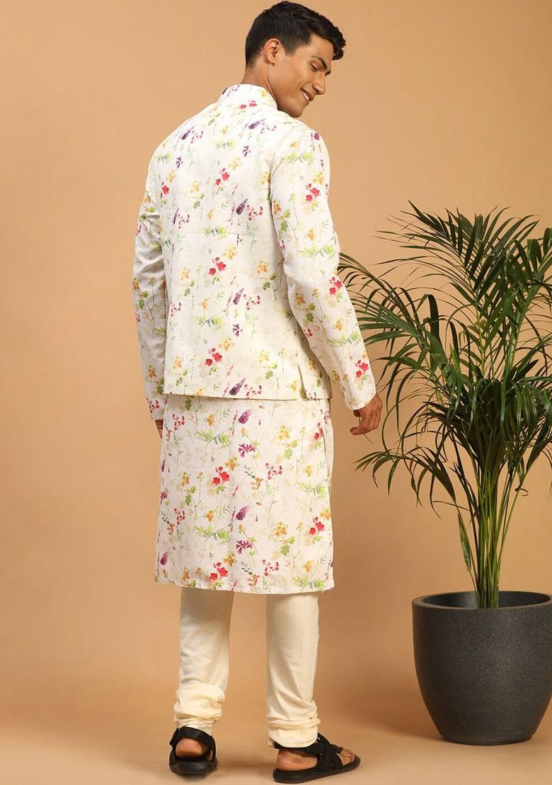 Cream Floral Print Poly Blend Kurta Set For Men