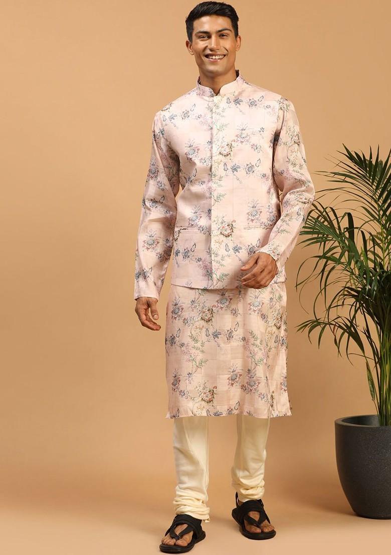 Peach Floral Print Poly Blend Kurta Set For Men
