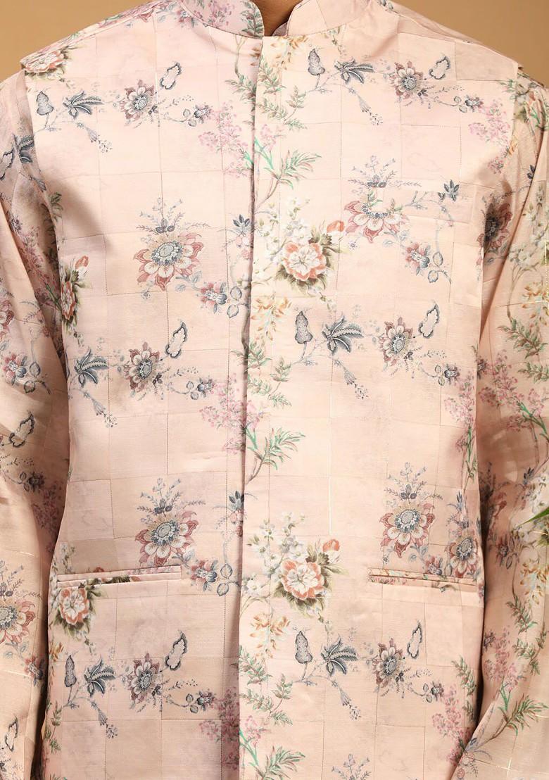 Peach Floral Print Poly Blend Kurta Set For Men