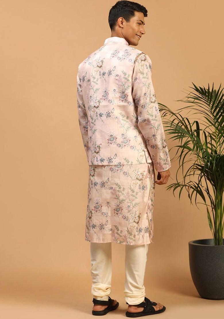 Peach Floral Print Poly Blend Kurta Set For Men
