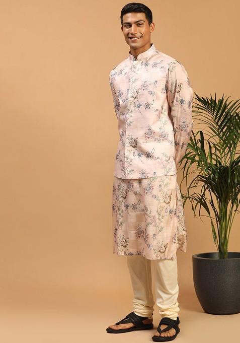 Peach Floral Print Poly Blend Kurta Set For Men