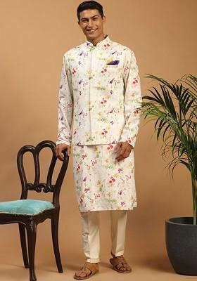 Cream Floral Print Poly Blend Kurta Set For Men
